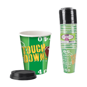 Touch-Down Sports 9oz Paper Cups with Black Dome Lids:16CT