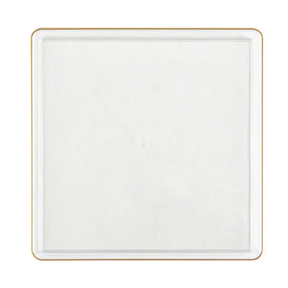 The Edge Collection 10.75" Clear with Gold Rim Square Plastic Dinner Plates