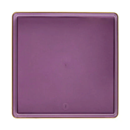 The Edge Collection 10.75" Transparent Purple with Gold Rim Square Plastic Dinner Plates