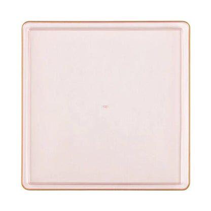 The Edge Collection 10.75" Transparent  Pink with Gold Rim Square Plastic Dinner Plates