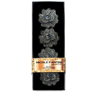 SALE Buttercup Silver Plated with Blue Crystal Napkin Rings Set of 4