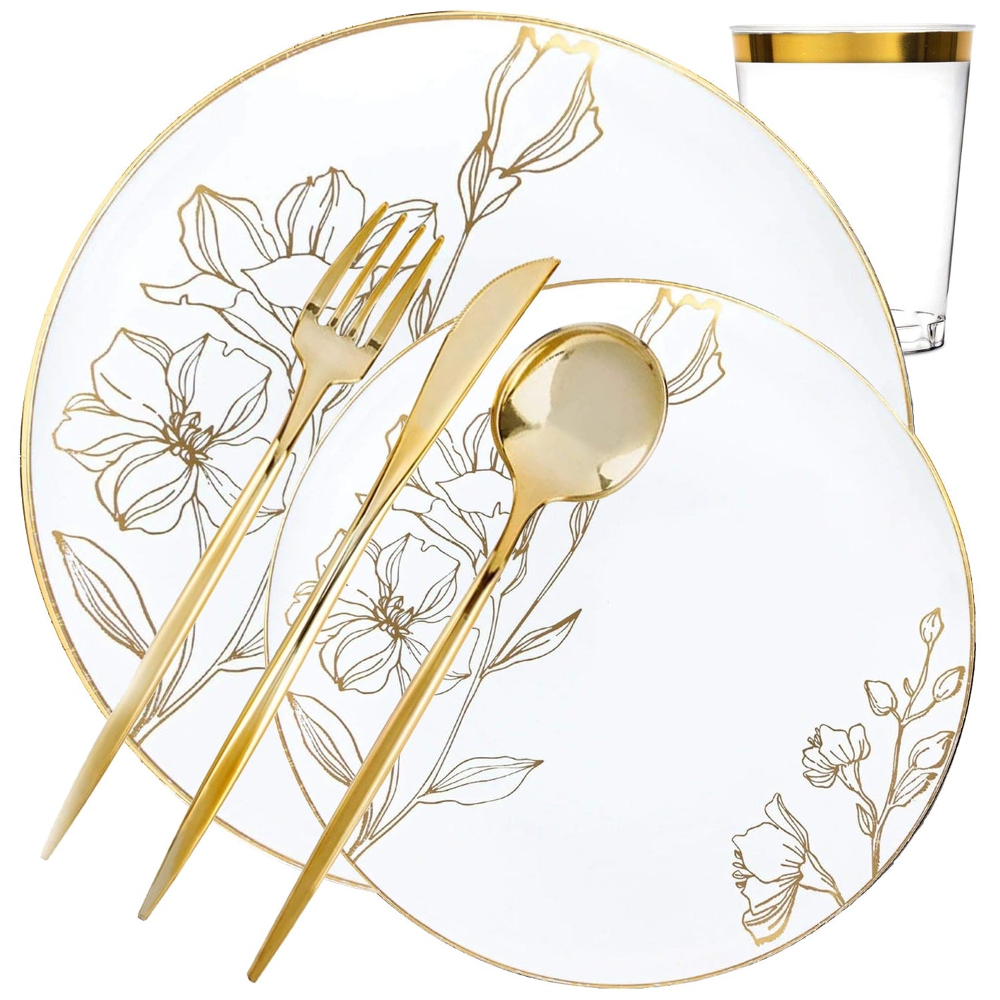 *BUY BULK* Antique White with Gold Floral Disposable Plastic Dinner Tableware COMBO Set