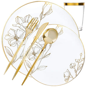 *BUY BULK* Antique White with Gold Floral Disposable Plastic Dinner Tableware COMBO Set