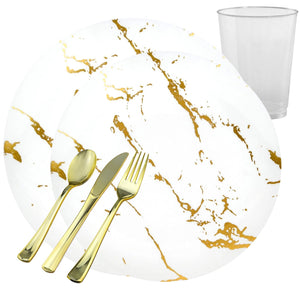 *BUY BULK* Gold Stroke White s Disposable Plastic Dinner Tableware COMBO Set