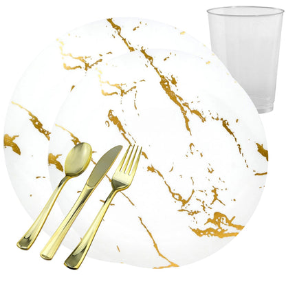 *BUY BULK* Gold Stroke White s Disposable Plastic Dinner Tableware COMBO Set