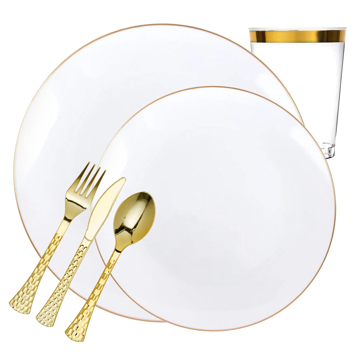 *BUY BULK* Organic Collection White & Gold Rim Disposable Plastic Dinner Tableware COMBO Set Disposable Tableware Decorline 20 Guest Servings