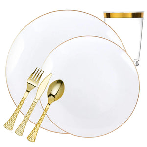 *BUY BULK* Organic Collection White & Gold Rim Disposable Plastic Dinner Tableware COMBO Set Disposable Tableware Decorline 20 Guest Servings
