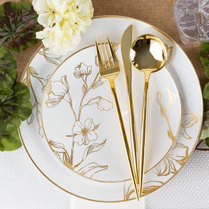 *BUY BULK* Antique White with Gold Floral Disposable Plastic Dinner Tableware COMBO Set