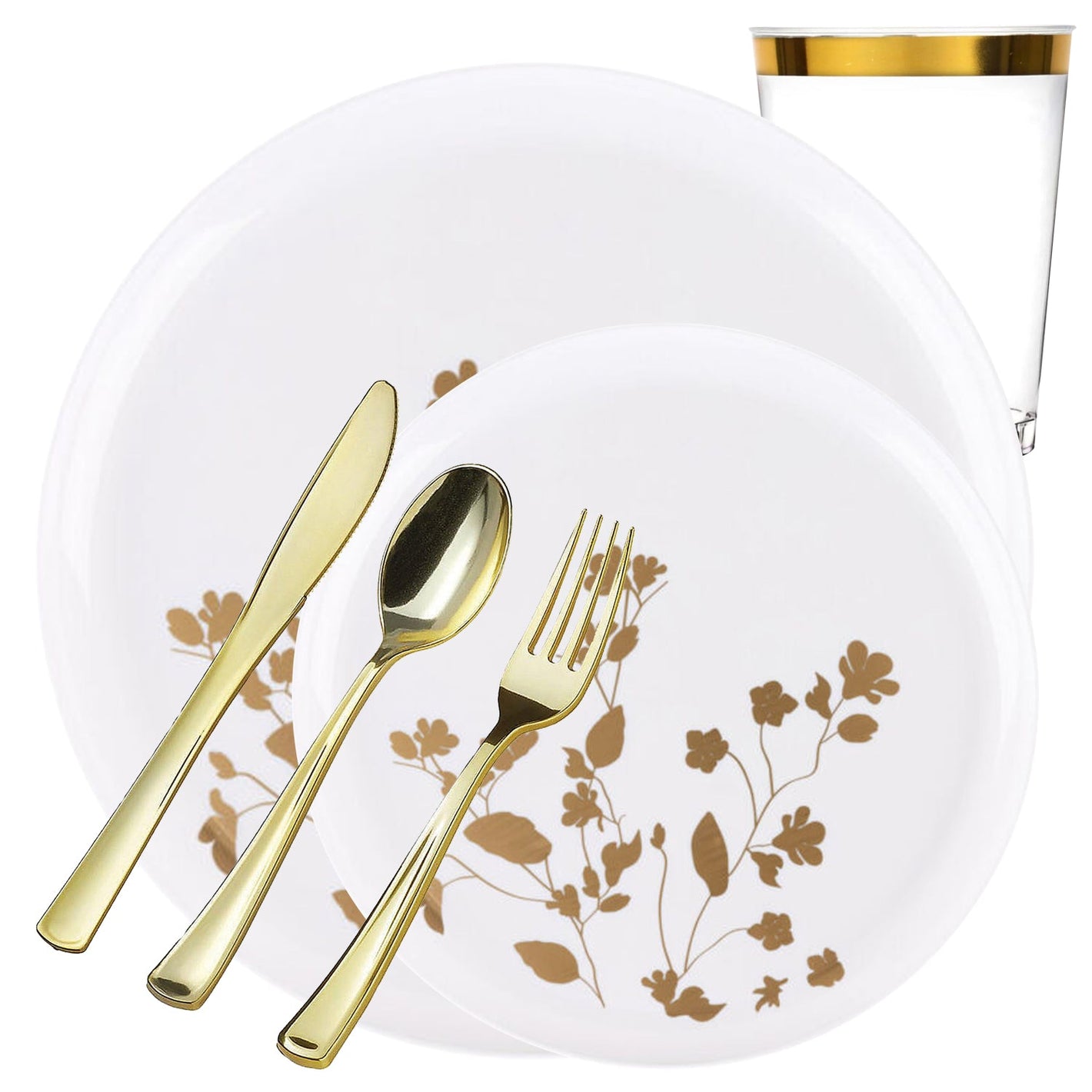 *BUY BULK* Garden Collection White and Gold Round Disposable Plastic Dinner Tableware COMBO Set Disposable Tableware Decorline 20 Guest Servings