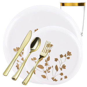 *BUY BULK* Garden Collection White and Gold Round Disposable Plastic Dinner Tableware COMBO Set Disposable Tableware Decorline 20 Guest Servings