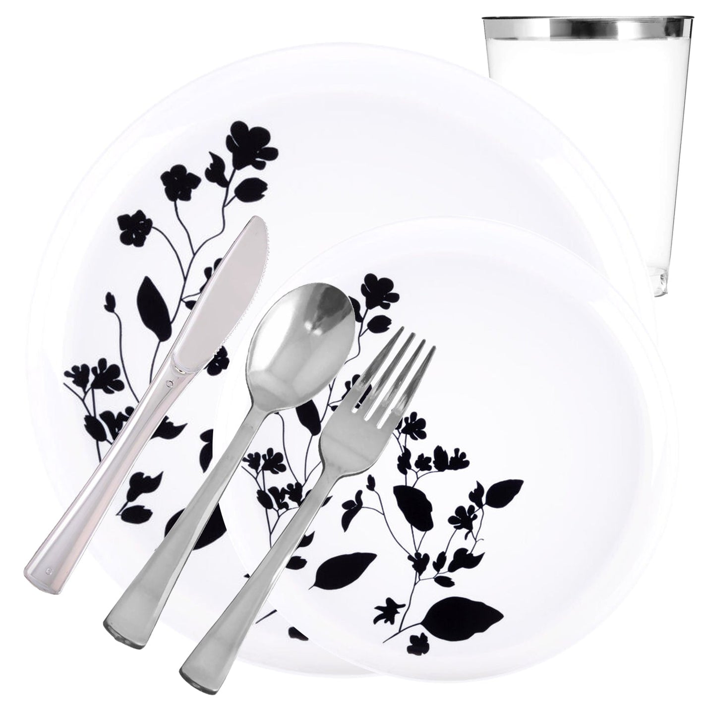 *BUY BULK* Garden Collection White and Black Round Disposable Plastic Dinner Tableware COMBO Set Disposable Tableware Decorline 20 Guest Servings
