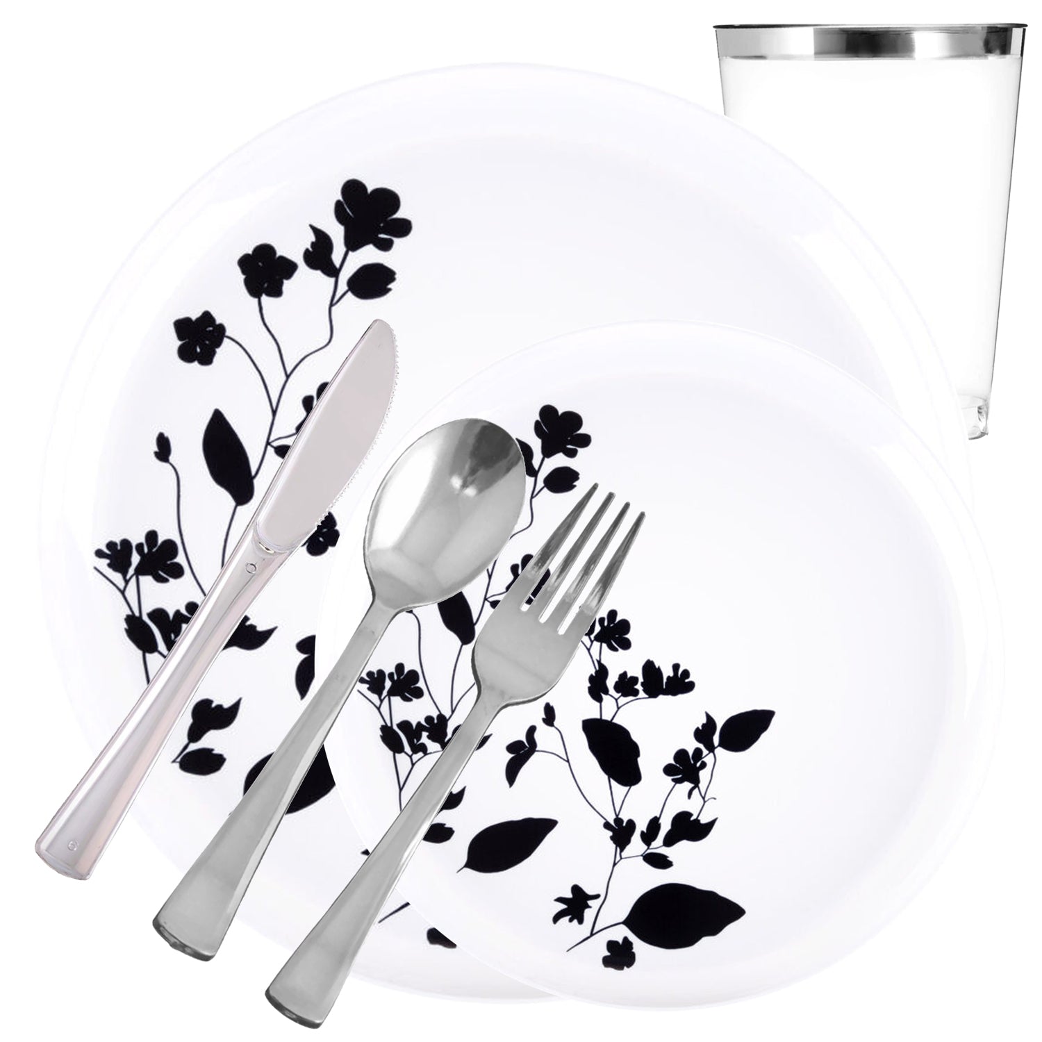 *BUY BULK* Garden Collection White and Black Round Disposable Plastic Dinner Tableware COMBO Set Disposable Tableware Decorline 20 Guest Servings