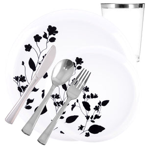 *BUY BULK* Garden Collection White and Black Round Disposable Plastic Dinner Tableware COMBO Set Disposable Tableware Decorline 20 Guest Servings