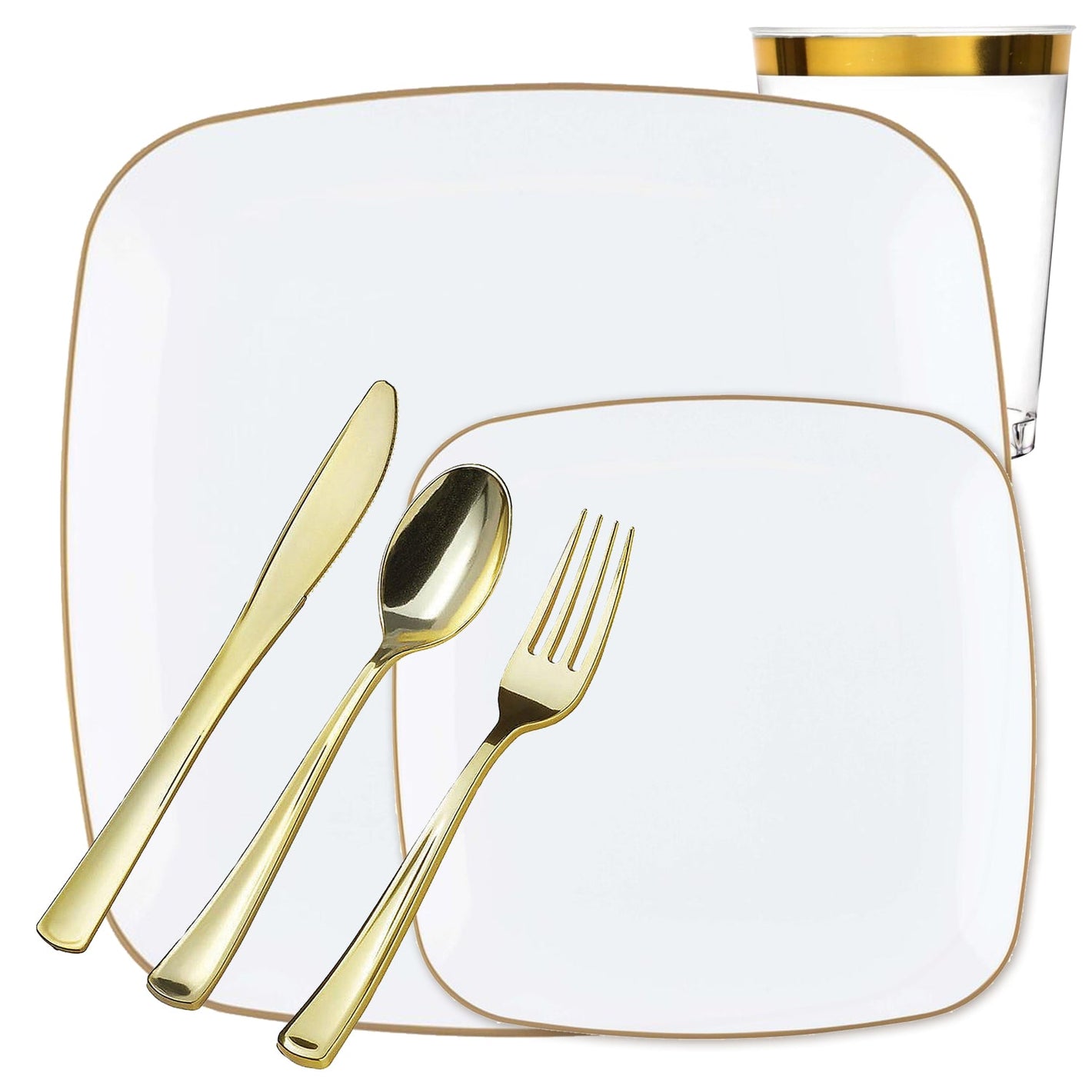 *BUY BULK* Orchid Collection White and Gold Rim Square Disposable Plastic Dinner Tableware COMBO Set Disposable Tableware Blue Sky 20 Guest Servings