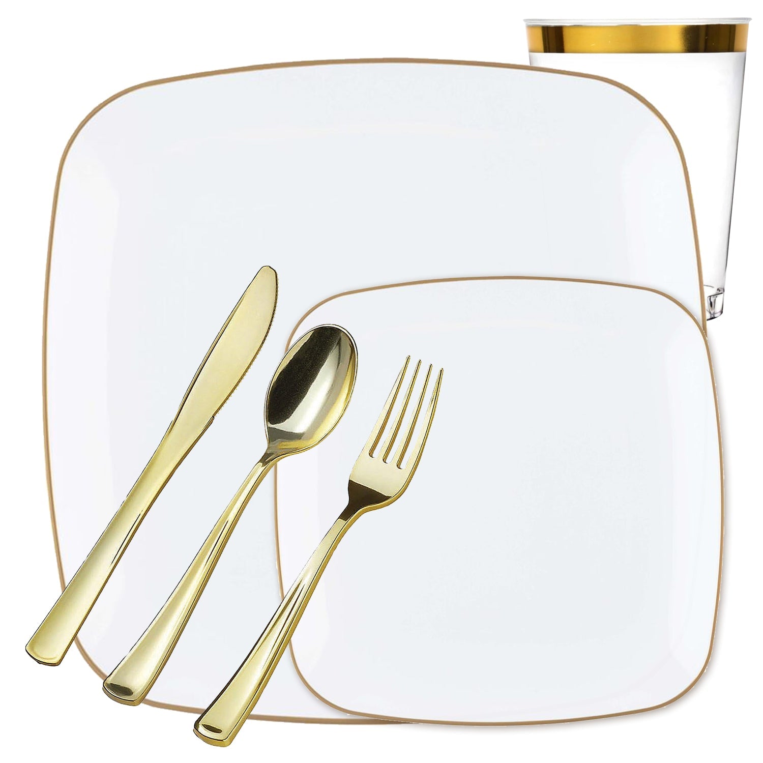 *BUY BULK* Orchid Collection White and Gold Rim Square Disposable Plastic Dinner Tableware COMBO Set Disposable Tableware Blue Sky 20 Guest Servings