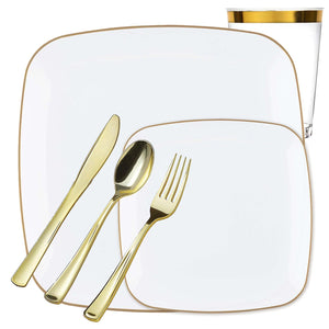 *BUY BULK* Orchid Collection White and Gold Rim Square Disposable Plastic Dinner Tableware COMBO Set Disposable Tableware Blue Sky 20 Guest Servings