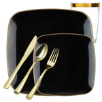 *BUY BULK* Orchid Collection Black and Gold Rim Square Disposable Plastic Dinner Tableware COMBO Set Disposable Tableware Blue Sky 20 Guest Servings