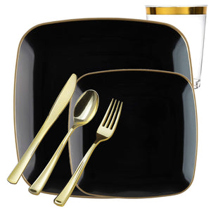 *BUY BULK* Orchid Collection Black and Gold Rim Square Disposable Plastic Dinner Tableware COMBO Set Disposable Tableware Blue Sky 20 Guest Servings