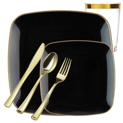 *BUY BULK* Orchid Collection Black and Gold Rim Square Disposable Plastic Dinner Tableware COMBO Set Disposable Tableware Blue Sky 20 Guest Servings