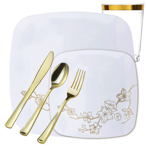 *BUY BULK* Gold Buds Collection White and Gold Square Dinner Tableware Package Set Disposable Plates Blue Sky 20