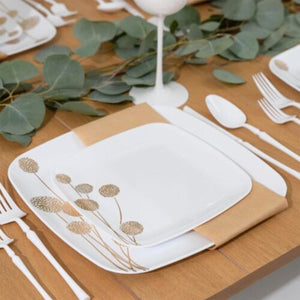 *BUY BULK* Dandelion  Square Plates Gold and White Dispoable Plastic  Dinner Tableware COMBO Set
