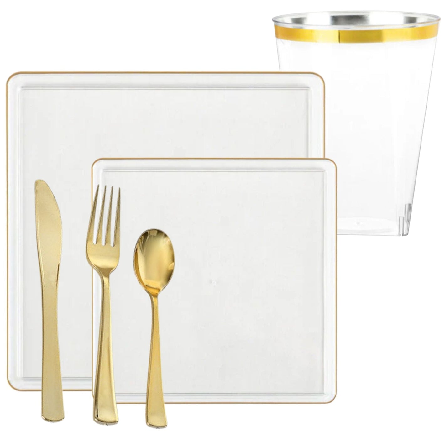 *BUY BULK* The Edge Collection Elegant Clear with Gold Rim Square Dinner Tableware COMBO Set