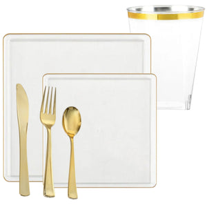 *BUY BULK* The Edge Collection Elegant Clear with Gold Rim Square Dinner Tableware COMBO Set