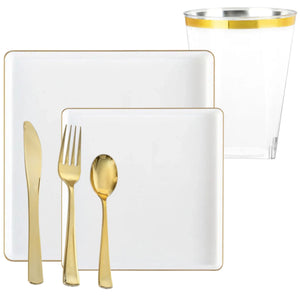 *BUY BULK* The Edge Collection Elegant Transparent White with Gold Rim Square Dinner Tableware COMBO Set