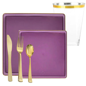 *BUY BULK* The Edge Collection Elegant Transparent Purple with Gold Rim Square Dinner Tableware COMBO Set