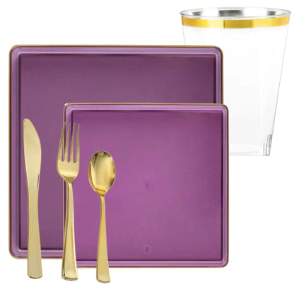 *BUY BULK* The Edge Collection Elegant Transparent Purple with Gold Rim Square Dinner Tableware COMBO Set
