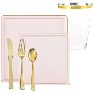 *BUY BULK* The Edge Collection Elegant Transparent Pink with Gold Rim Square Dinner Tableware COMBO Set