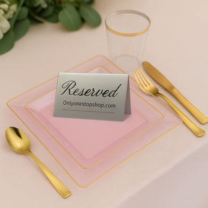 The Edge Collection 7.75" Transparent  Pink with Gold Rim Square Plastic Plates