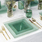The Edge Collection 10.75" Transparent Green with Gold Rim Square Plastic Dinner Plates
