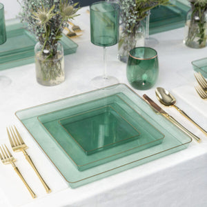 The Edge Collection 7.75" Transparent Green with Gold Rim Square Plastic Plates