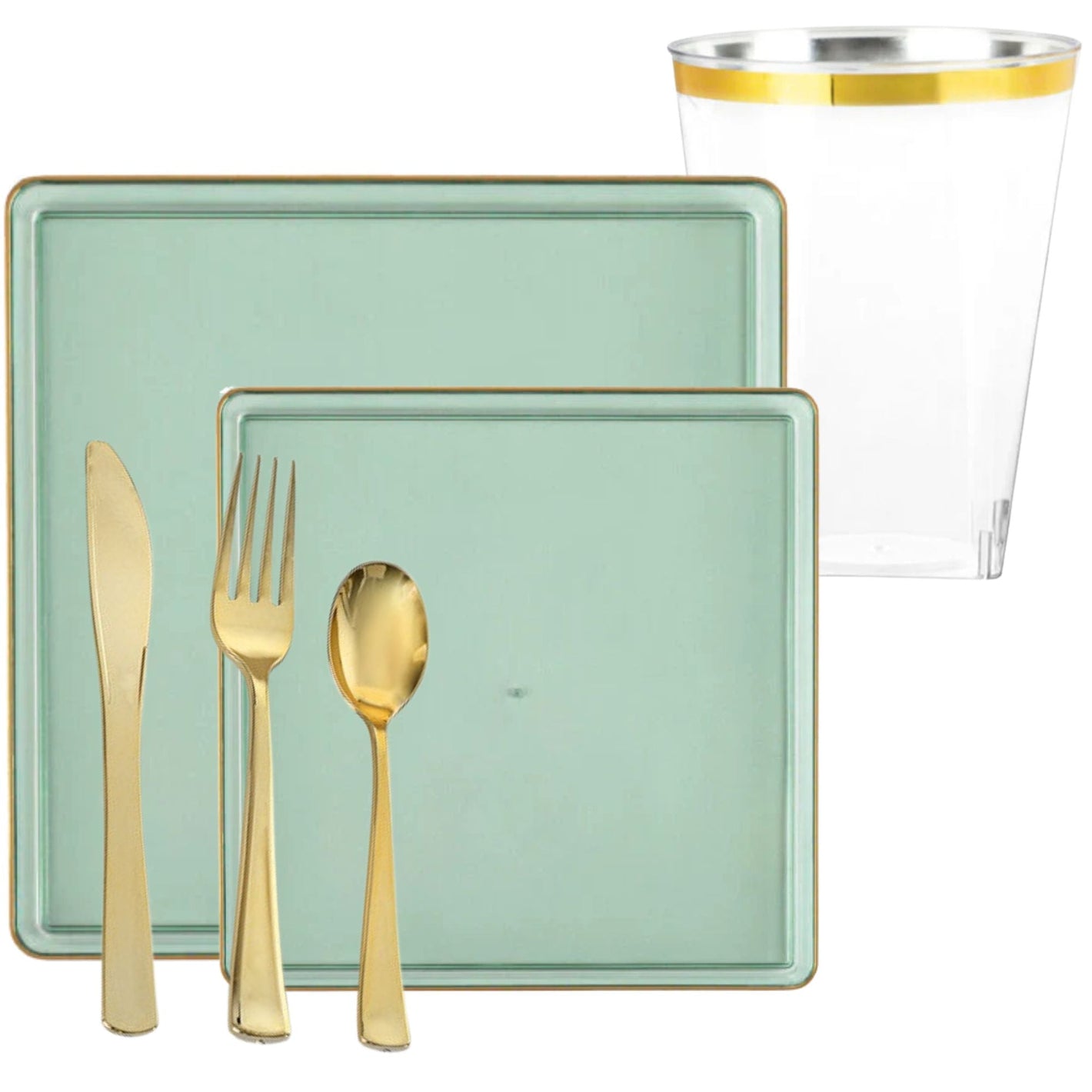 *BUY BULK* The Edge Collection Elegant Transparent Green with Gold Rim Square Dinner Tableware COMBO Set