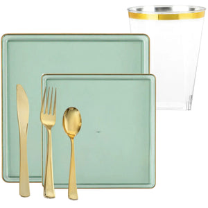 *BUY BULK* The Edge Collection Elegant Transparent Green with Gold Rim Square Dinner Tableware COMBO Set