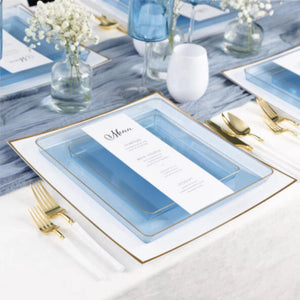 The Edge Collection 7.75" Transparent Blue with Gold Rim Square Plastic Plates