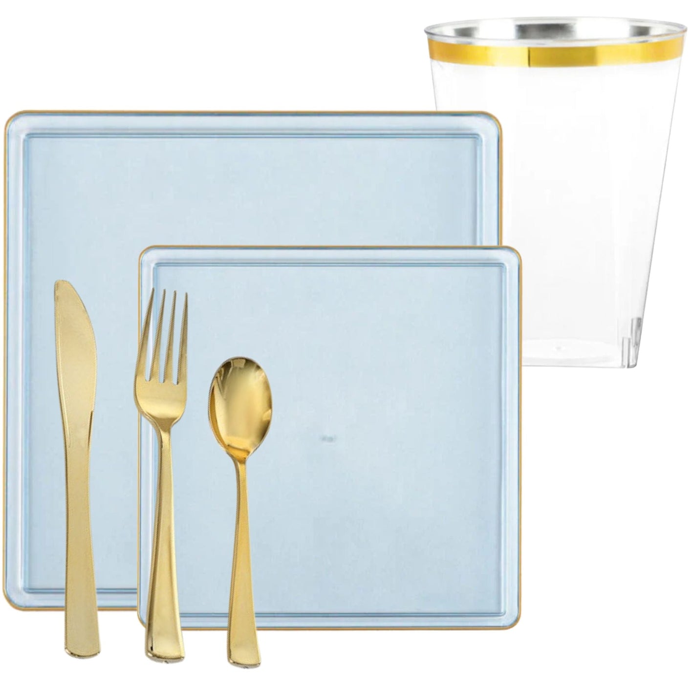 *BUY BULK* The Edge Collection Elegant Transparent Blue with Gold Rim Square Dinner Tableware COMBO Set