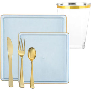 *BUY BULK* The Edge Collection Elegant Transparent Blue with Gold Rim Square Dinner Tableware COMBO Set