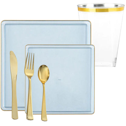 *BUY BULK* The Edge Collection Elegant Transparent Blue with Gold Rim Square Dinner Tableware COMBO Set