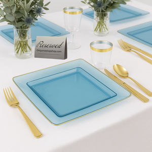 *BUY BULK* The Edge Collection Elegant Transparent Blue with Gold Rim Square Dinner Tableware COMBO Set