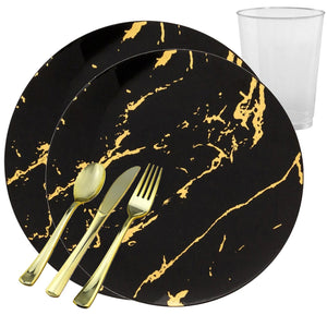 *BUY BULK* Gold Stroke Black s Disposable Plastic Dinner Tableware COMBO Set
