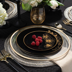 *BUY BULK* Orchid Collection  Black & Gold Novelty Disposable Plastic Dinner Tableware COMBO Set
