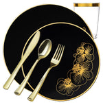*BUY BULK* Orchid Collection Black & Gold Disposable Plastic Dinner Tableware COMBO Set Disposable Tableware Decorline 20 Guest Servings