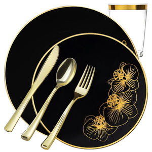 *BUY BULK* Orchid Collection Black & Gold Disposable Plastic Dinner Tableware COMBO Set Disposable Tableware Decorline 20 Guest Servings