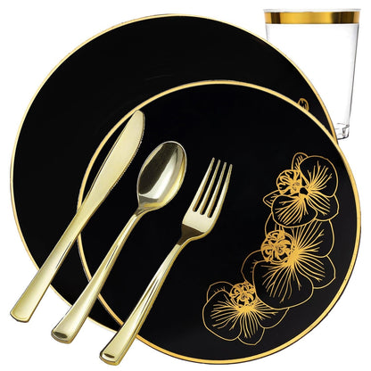 *BUY BULK* Orchid Collection Black & Gold Disposable Plastic Dinner Tableware COMBO Set Disposable Tableware Decorline 20 Guest Servings