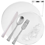 *BUY BULK* Orchid Collection White & Silver Disposable Plastic Dinner Tableware COMBO Set Disposable Tableware Decorline 20 Guest Servings
