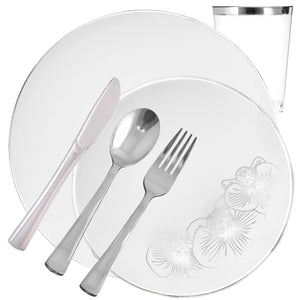 *BUY BULK* Orchid Collection White & Silver Disposable Plastic Dinner Tableware COMBO Set Disposable Tableware Decorline 20 Guest Servings