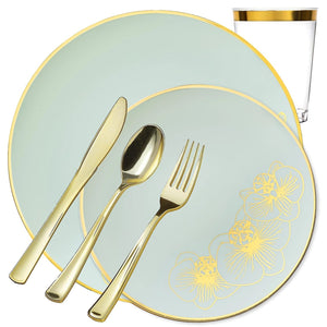 *BUY BULK* Orchid Collection Antique Turquoise & Gold Disposable Plastic Dinner Tableware COMBO Set Disposable Tableware Decorline 20 Guest Servings