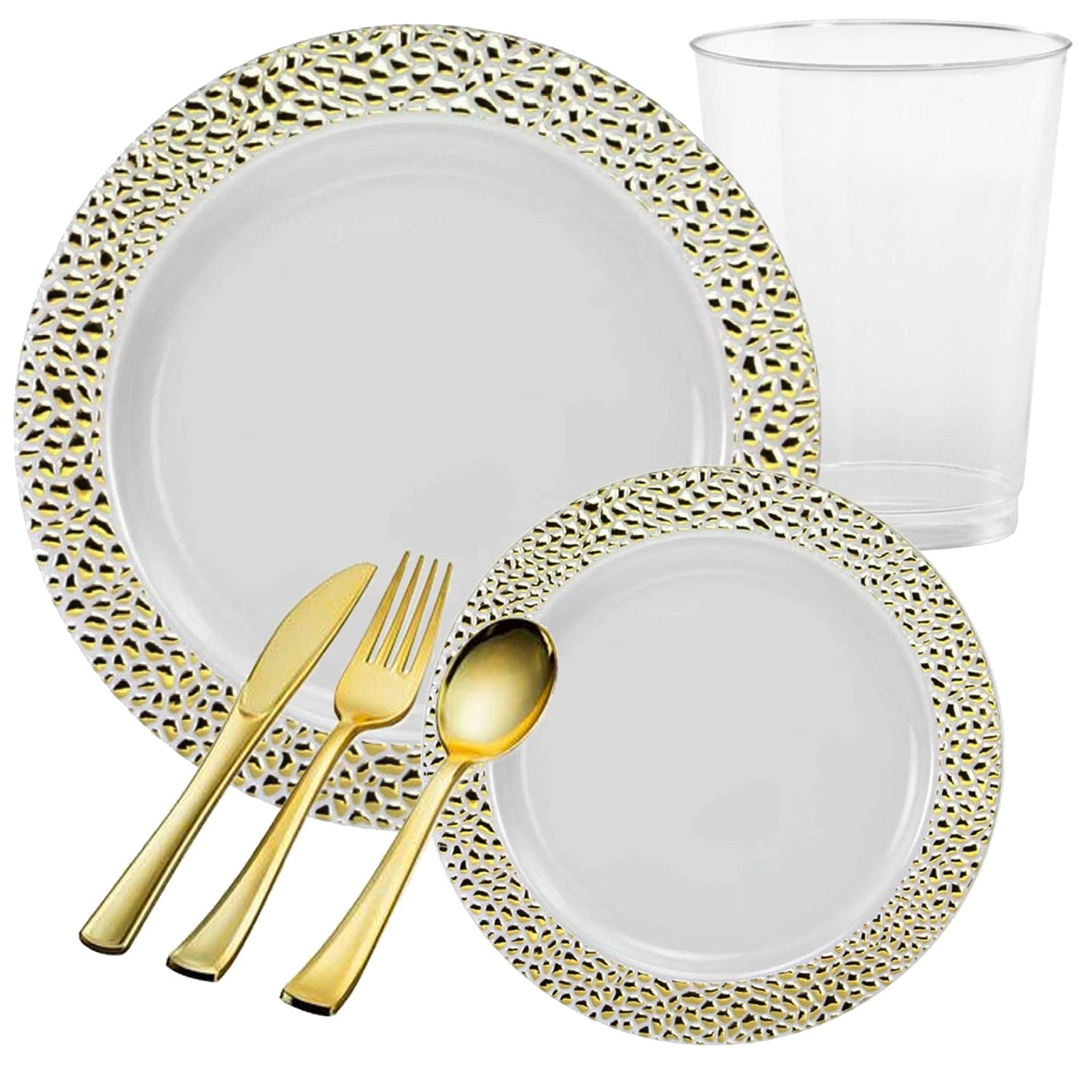 *BUY BULK* PEBBLED Collections Gold Disposable Plastic Dinner Tableware COMBO Set